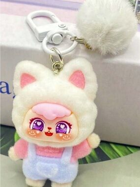 Plush Kitty Pom Keychain - Pink & Cream